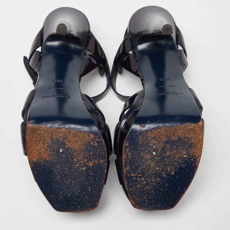 Pre Owned Yves Saint Laurent Navy Blue Patent Leather Tribute Sandals Size 36.5