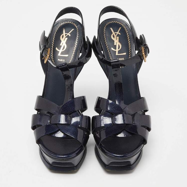 Pre Owned Yves Saint Laurent Navy Blue Patent Leather Tribute Sandals Size 36.5