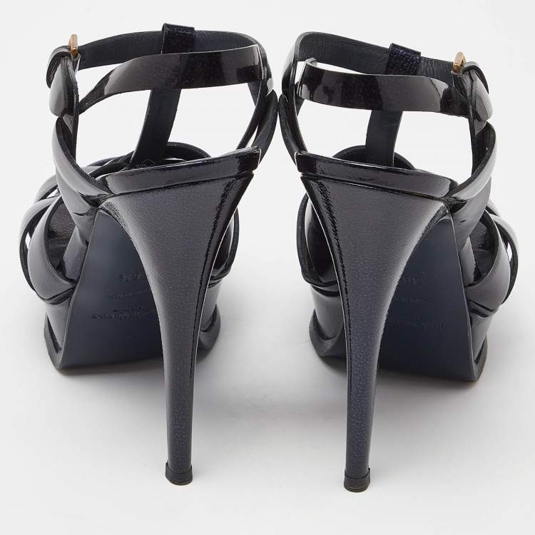Pre Owned Yves Saint Laurent Navy Blue Patent Leather Tribute Sandals Size 36.5