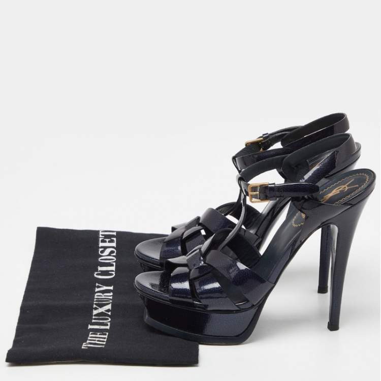 Pre Owned Yves Saint Laurent Navy Blue Patent Leather Tribute Sandals Size 36.5