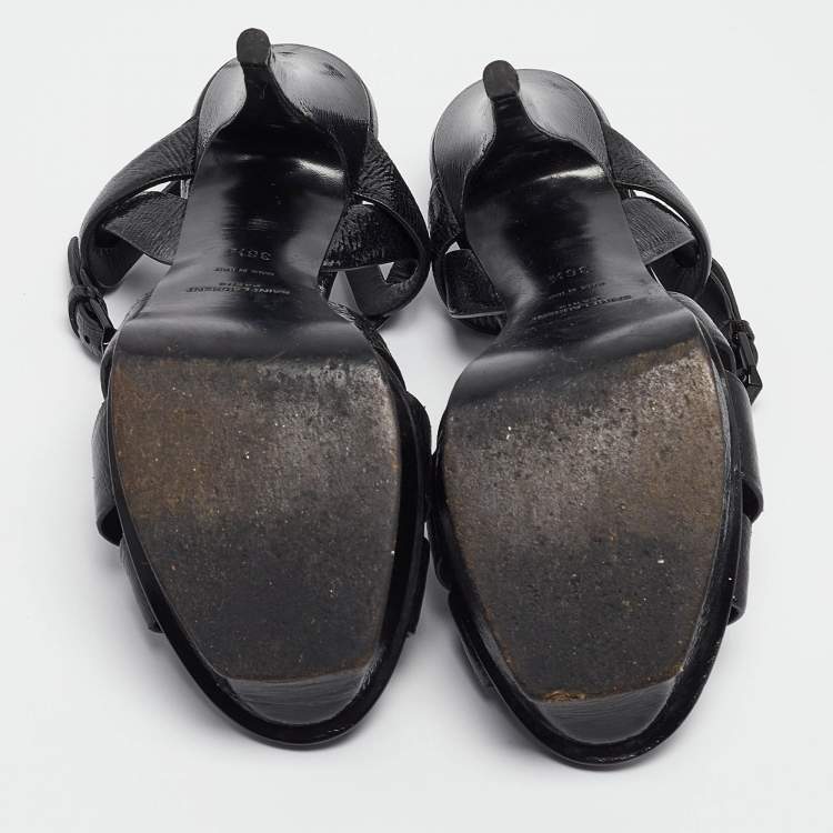 Pre Owned Yves Saint Laurent Black Textured Patent Leather Tribute Platform Ankle Strap Sandals Size 36.5