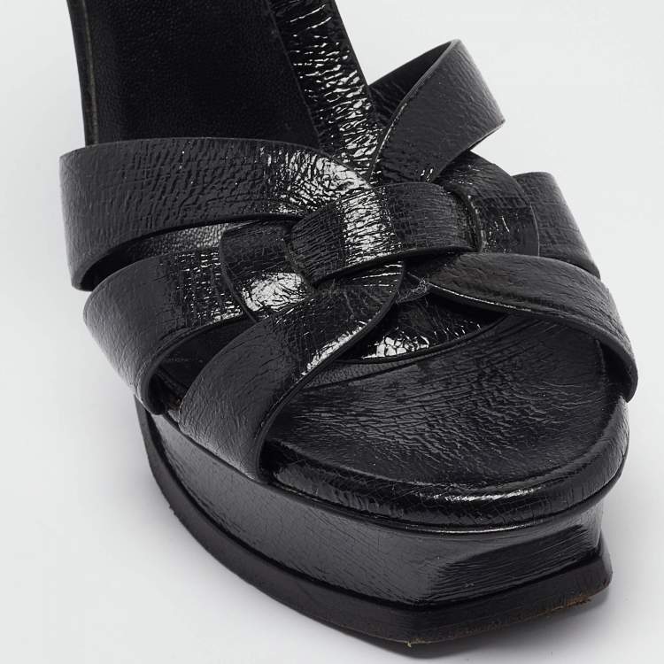 Pre Owned Yves Saint Laurent Black Textured Patent Leather Tribute Platform Ankle Strap Sandals Size 36.5