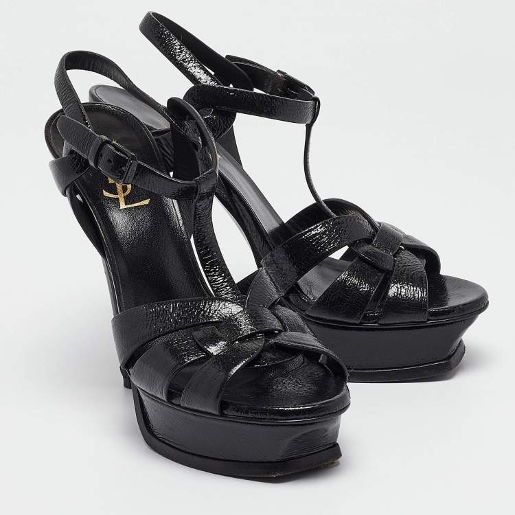 Pre Owned Yves Saint Laurent Black Textured Patent Leather Tribute Platform Ankle Strap Sandals Size 36.5