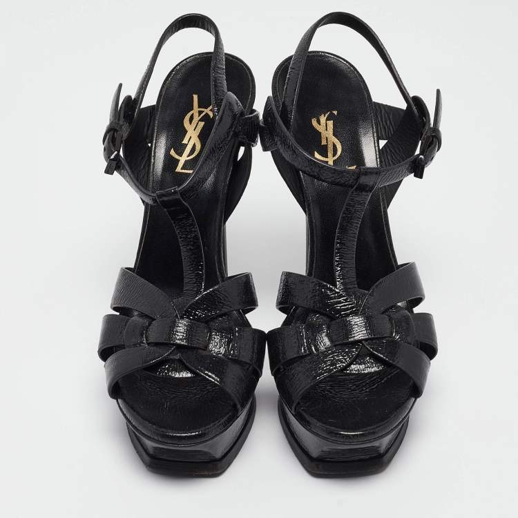 Pre Owned Yves Saint Laurent Black Textured Patent Leather Tribute Platform Ankle Strap Sandals Size 36.5