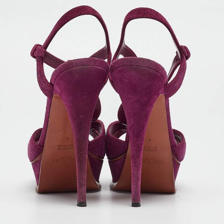 Pre Owned Yves Saint Laurent Purple Suede Buckle Detail Platform Ankle Strap Sandals Size 40