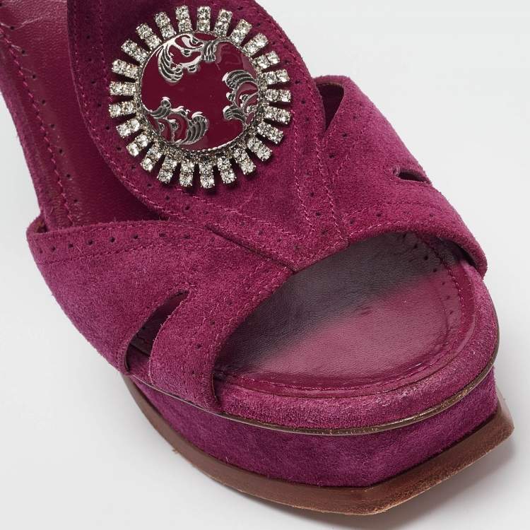 Pre Owned Yves Saint Laurent Purple Suede Buckle Detail Platform Ankle Strap Sandals Size 40
