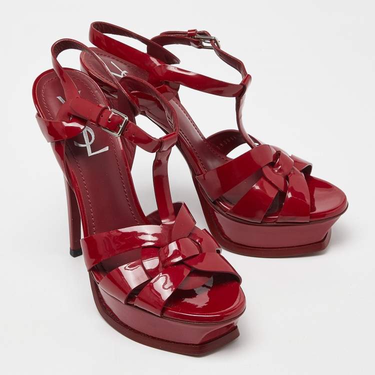 Pre Owned Yves Saint Laurent Red Patent Leather Tribute Platform Sandals Size 37