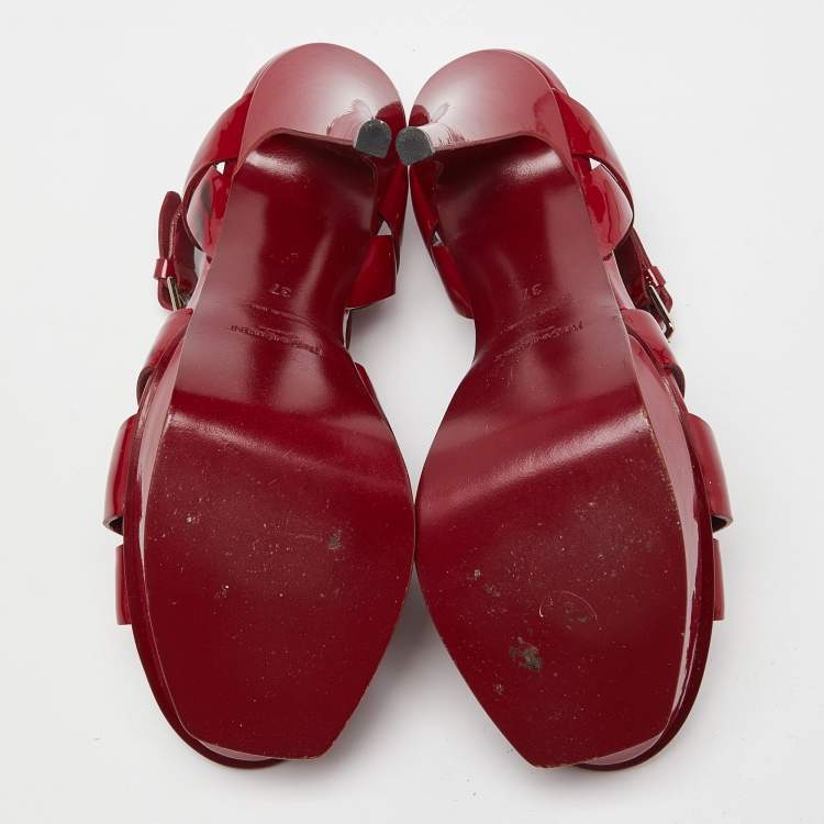 Pre Owned Yves Saint Laurent Red Patent Leather Tribute Platform Sandals Size 37
