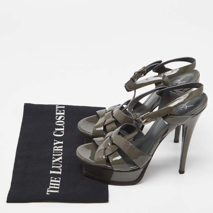 Pre Owned Yves Saint Laurent Grey Patent Leather Tribute Sandals Size 37