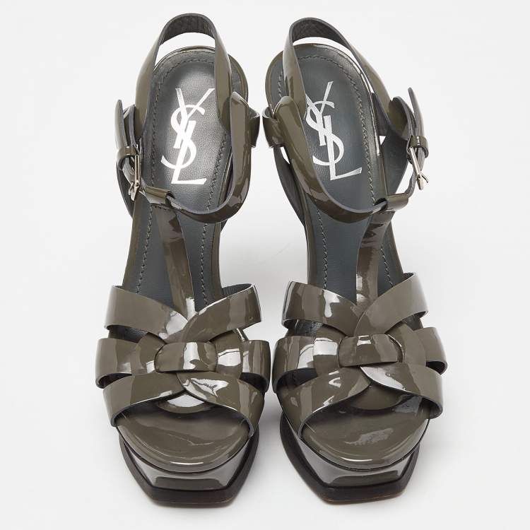 Pre Owned Yves Saint Laurent Grey Patent Leather Tribute Sandals Size 37