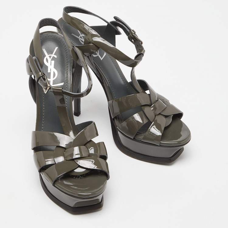 Pre Owned Yves Saint Laurent Grey Patent Leather Tribute Sandals Size 37