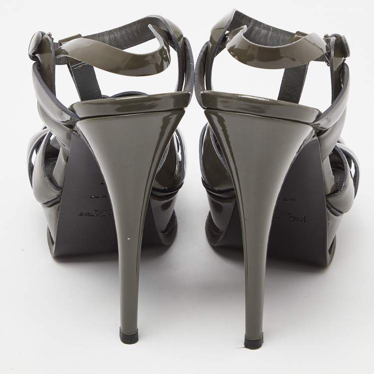 Pre Owned Yves Saint Laurent Grey Patent Leather Tribute Sandals Size 37