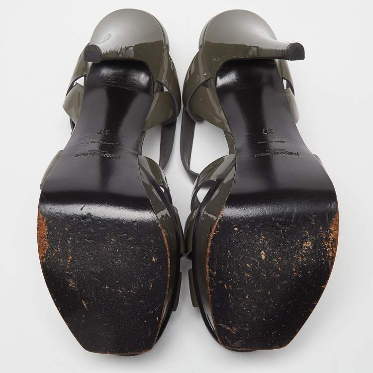 Pre Owned Yves Saint Laurent Grey Patent Leather Tribute Sandals Size 37