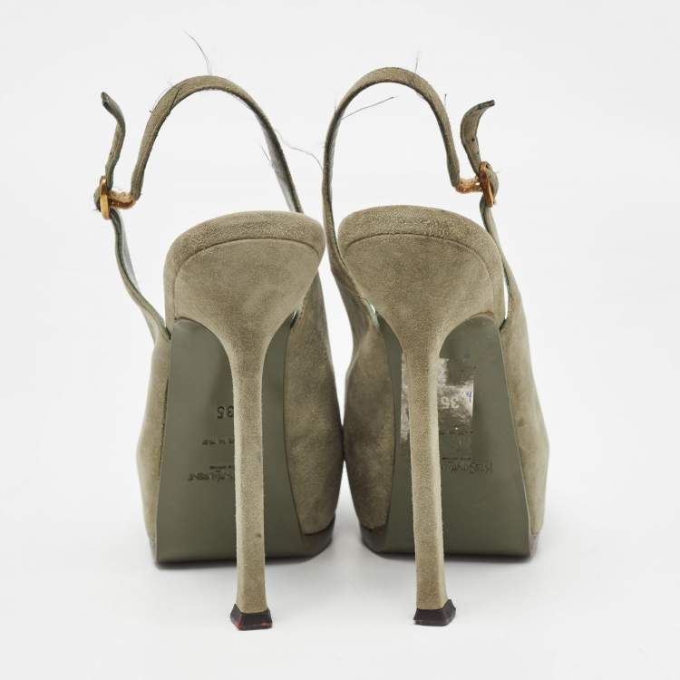 Pre Owned Yves Saint Laurent Army Green Suede Tribtoo Slingback Pumps Size 35