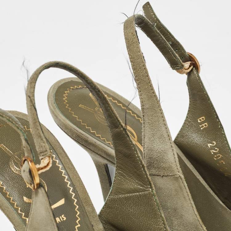 Pre Owned Yves Saint Laurent Army Green Suede Tribtoo Slingback Pumps Size 35