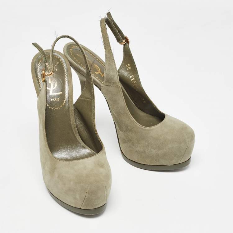 Pre Owned Yves Saint Laurent Army Green Suede Tribtoo Slingback Pumps Size 35