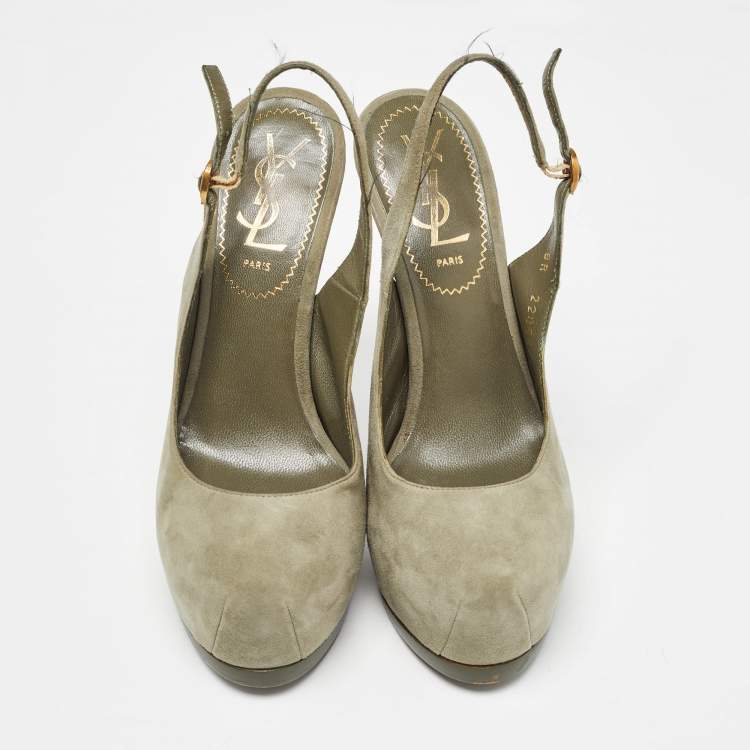Pre Owned Yves Saint Laurent Army Green Suede Tribtoo Slingback Pumps Size 35