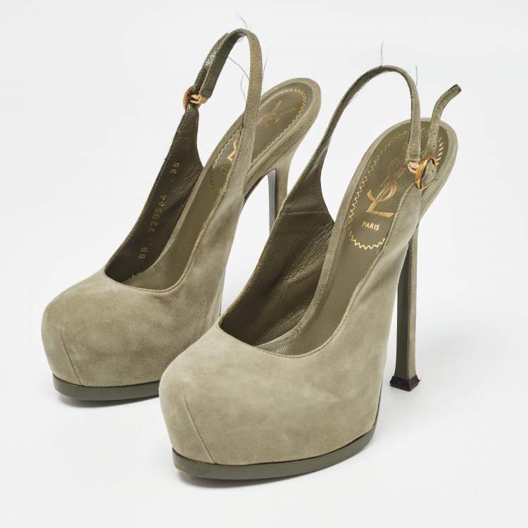 Pre Owned Yves Saint Laurent Army Green Suede Tribtoo Slingback Pumps Size 35