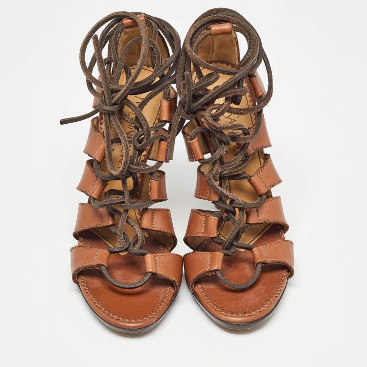 Pre Owned Yves Saint Laurent Brown Leather Gladiator Sandals Size 37.5 