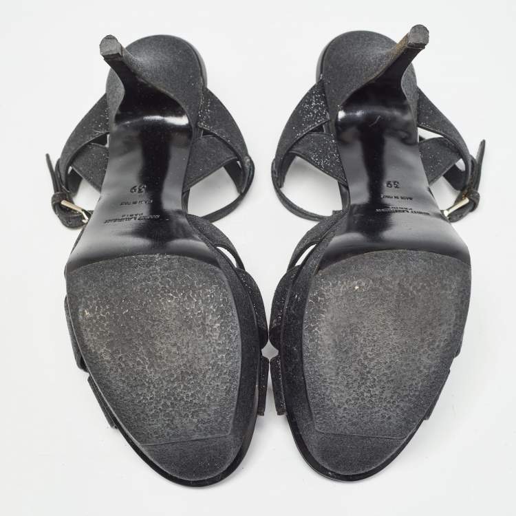Pre Owned Yves Saint Laurent Black Glitter Crystal Embellished Tribute Sandals Size 39