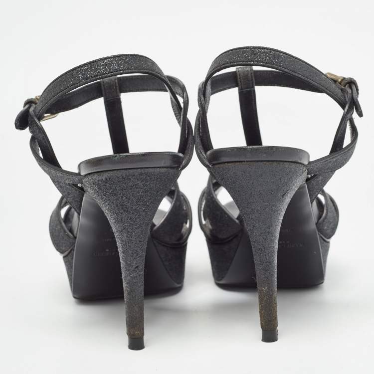 Pre Owned Yves Saint Laurent Black Glitter Crystal Embellished Tribute Sandals Size 39