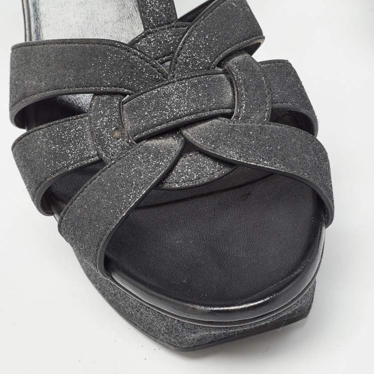 Pre Owned Yves Saint Laurent Black Glitter Crystal Embellished Tribute Sandals Size 39