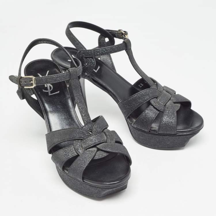 Pre Owned Yves Saint Laurent Black Glitter Crystal Embellished Tribute Sandals Size 39