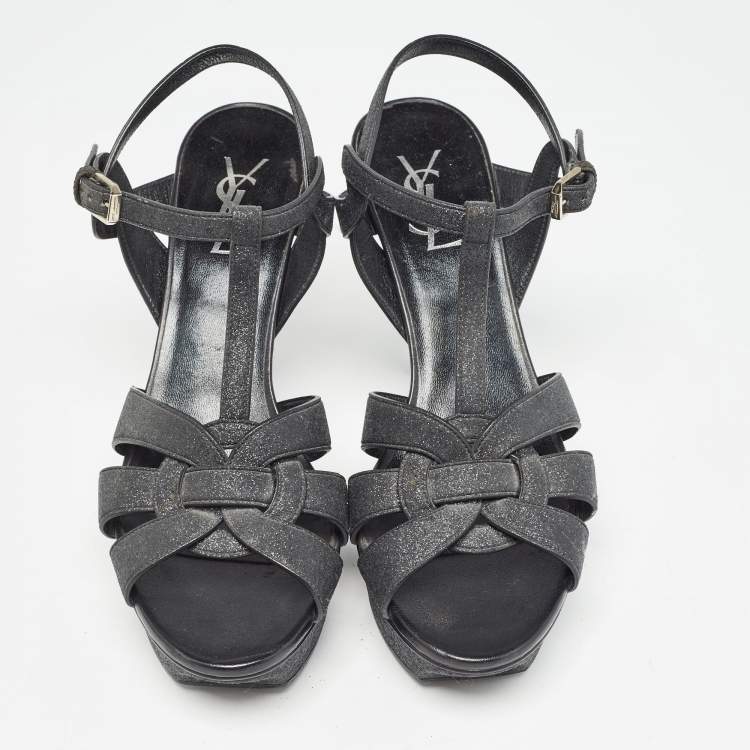 Pre Owned Yves Saint Laurent Black Glitter Crystal Embellished Tribute Sandals Size 39