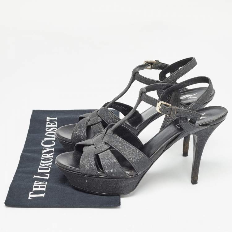 Pre Owned Yves Saint Laurent Black Glitter Crystal Embellished Tribute Sandals Size 39