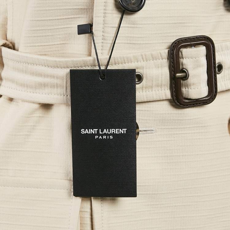 Pre Owned Saint Laurent Cream Textured Cotton Double Breasted Jacket S