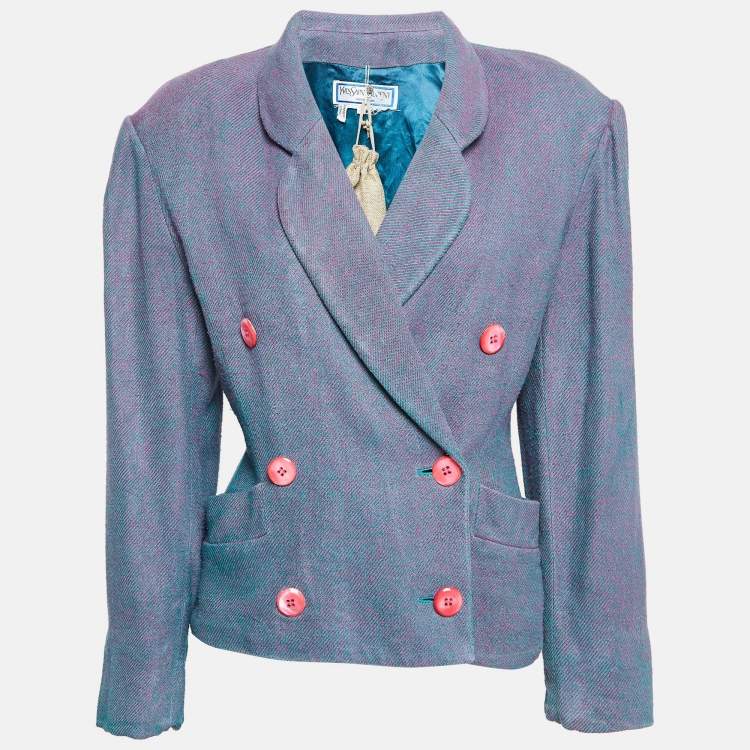 Pre Owned Yves Saint Laurent Variation Blue/Pink Wool Double Breasted Blazer M