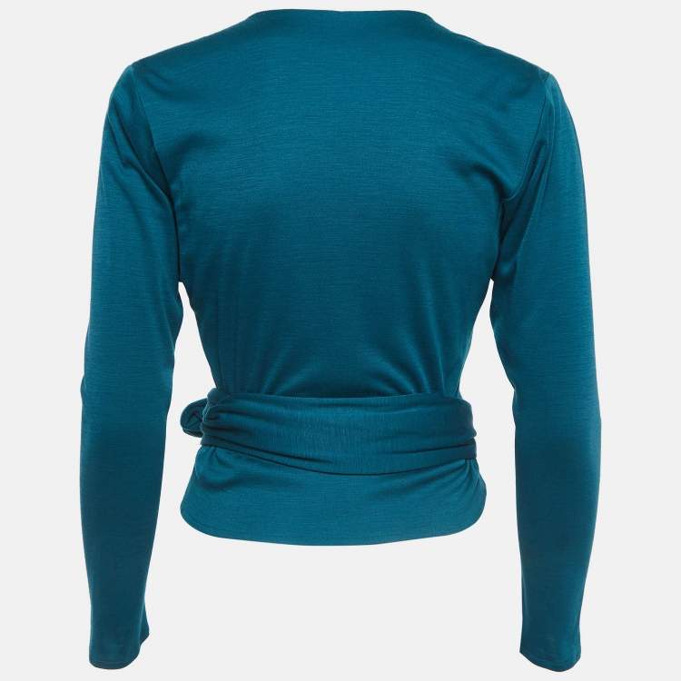 Pre Owned Yves Saint Laurent Variation Teal Blue Jersey Wrap Cardigan M