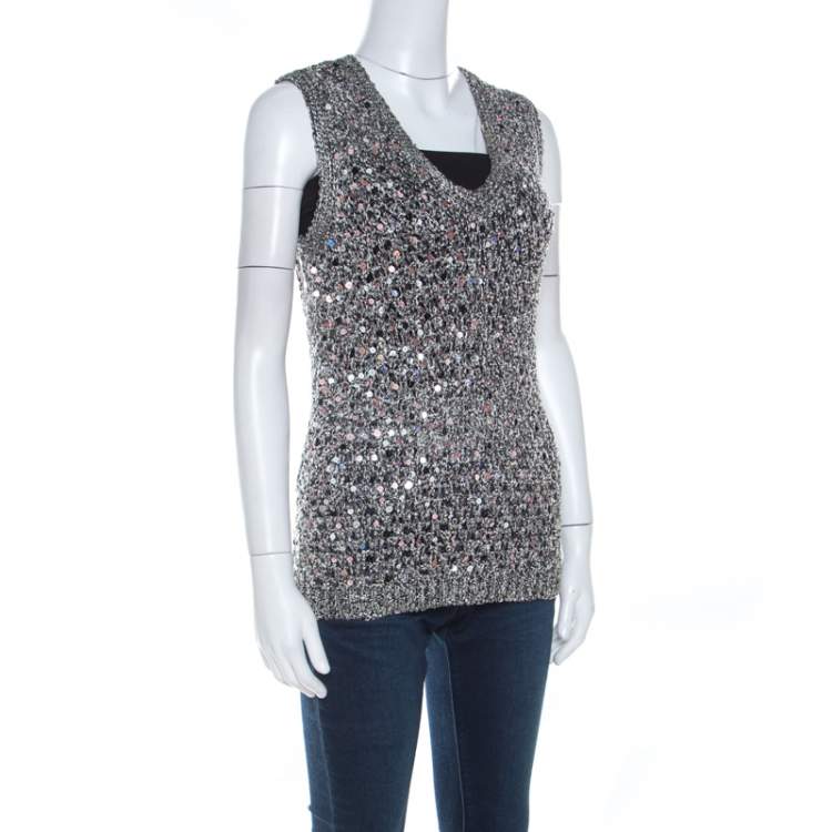 Pre Owned Zac Posen Grey Sequin Paillette Embellished Knit Vest L