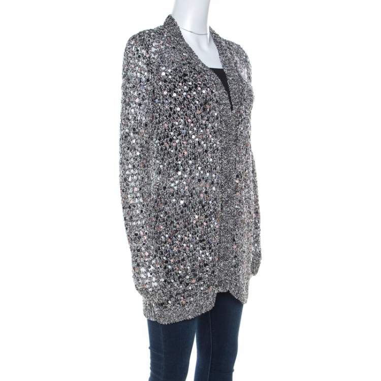 مملوكة مسبقًا Zac Posen Silver Sequin Embellished Knit Long Sleeve Cardigan L 