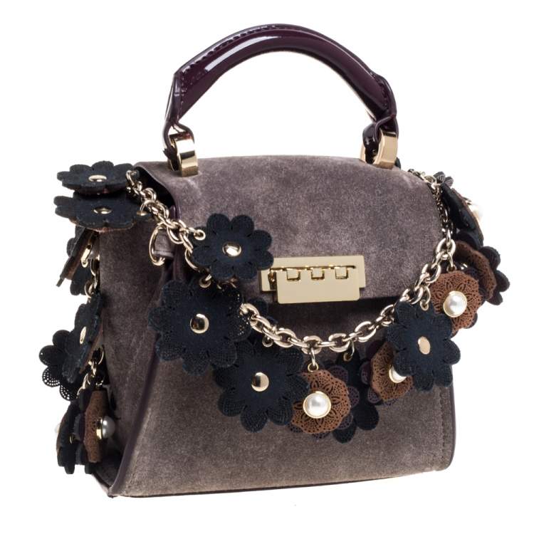 مملوكة مسبقًا Zac Posen Grey/Burgundy Suede and Patent Leather Mini Eartha Iconic Top Handle Bag