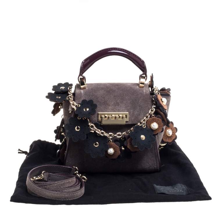 مملوكة مسبقًا Zac Posen Grey/Burgundy Suede and Patent Leather Mini Eartha Iconic Top Handle Bag