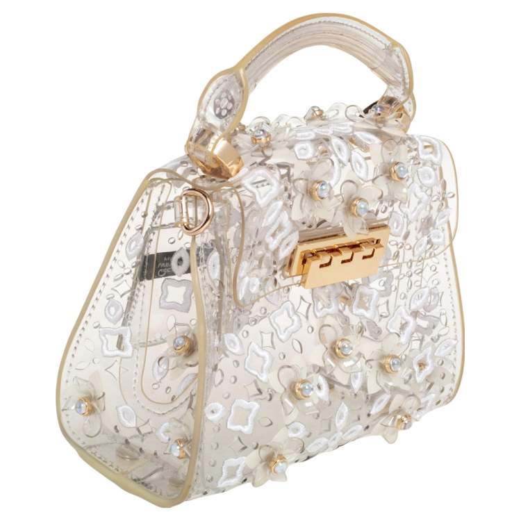 Pre Owned Zac Posen Clear PVC Floral Appliqué Embellished Mini Eartha Top Handle Bag