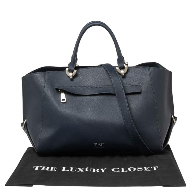 Pre Owned Zac Posen Navy Blue Saffiano Leather Front Zip Tote