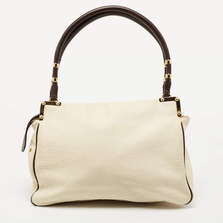 Pre Owned Zac Posen Off White/Brown Grained Leather Frame Tote