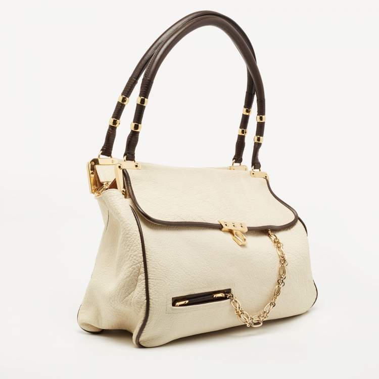 Pre Owned Zac Posen Off White/Brown Grained Leather Frame Tote