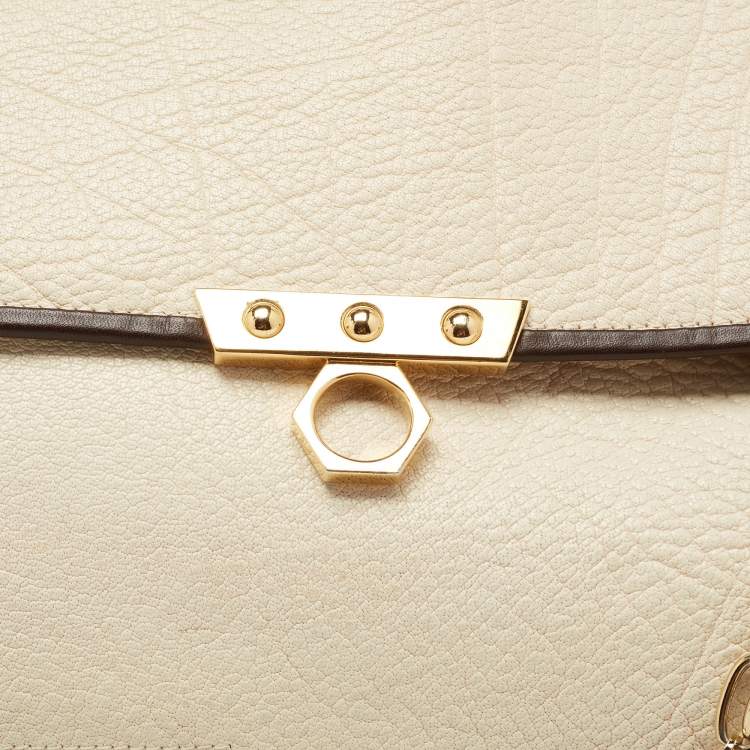 Pre Owned Zac Posen Off White/Brown Grained Leather Frame Tote