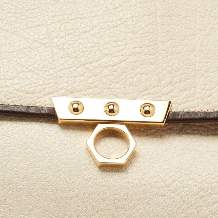 Pre Owned Zac Posen Off White/Brown Grained Leather Frame Tote