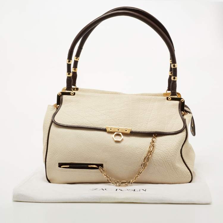Pre Owned Zac Posen Off White/Brown Grained Leather Frame Tote