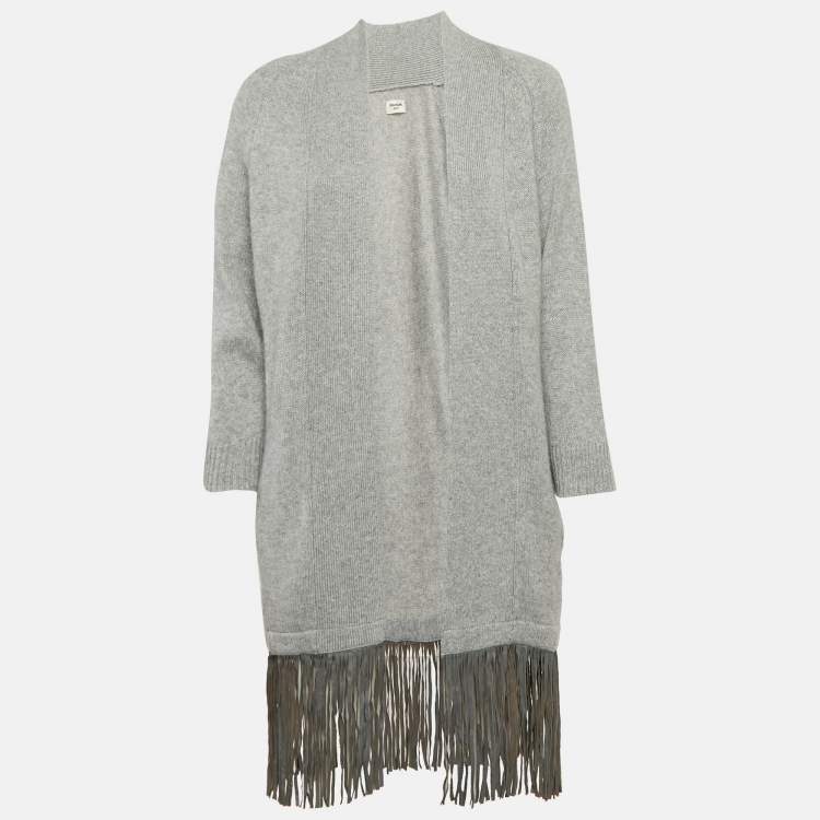Pre Owned Zadig & Voltaire Delux Grey Cashmere Knit Open Front Fringed Cardigan XS/S