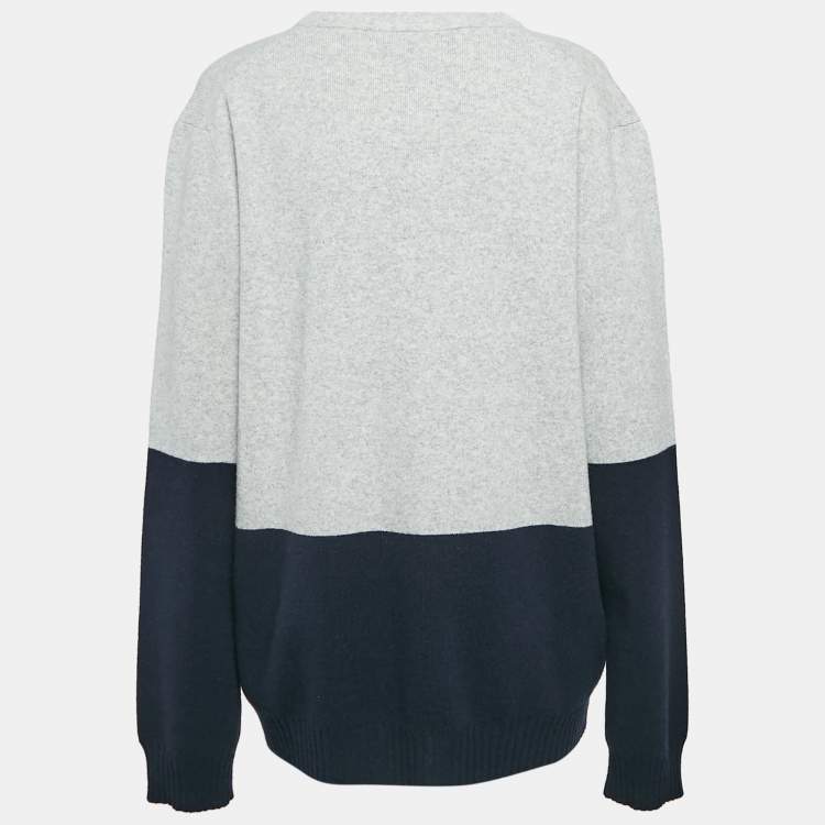 Pre Owned Zadig & Voltaire Grey/Navy Blue Wool Round Neck Rod Jumper XL