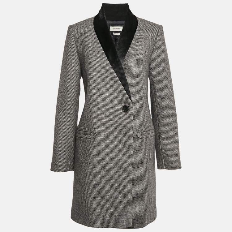 Pre Owned Zadig & Voltaire Black/White Patterned Wool Fur Trim Collar Marquis Coat M