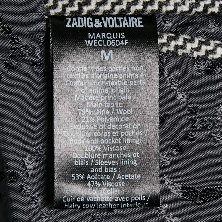 Pre Owned Zadig & Voltaire Black/White Patterned Wool Fur Trim Collar Marquis Coat M