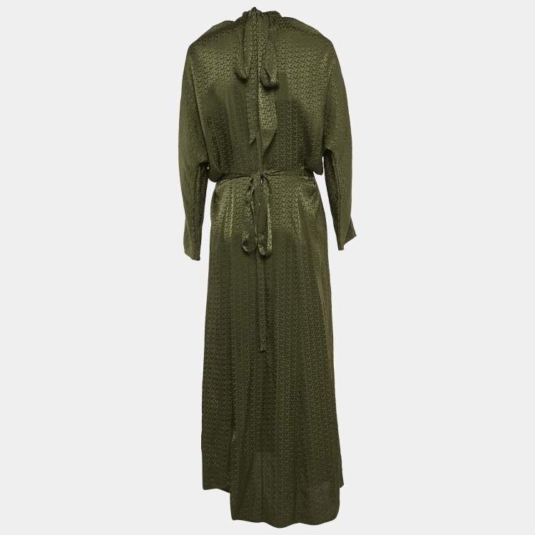 Pre Owned Zadig & Voltaire Green Logo Jacquard Silk Asymmetric Tie-Up Detail Midi Dress M