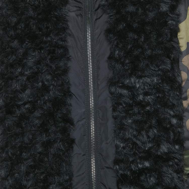 Pre Owned Zadig & Voltaire Black/Green Printed Fur Trim Nylon Reversible Kitch Jacket M