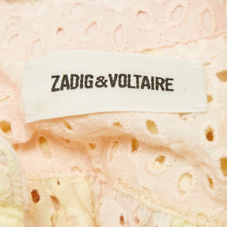 Pre Owned Zadig & Voltaire Pink/Yellow Camouflage Print Broderie Anglaise Cotton Requiem Dress L